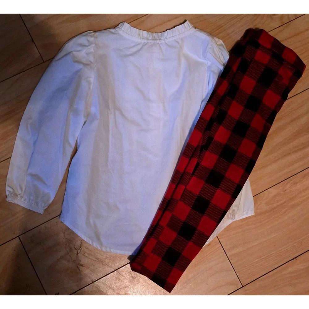 Toddler Girls White Pleated Button‎ Front Shirt Red Buffalo Plaid Pants Set 2T